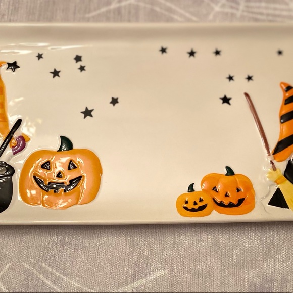 Halloween Gnome Platter, Witch Gnomes Jack-O-Lanterns Cauldrens Ceramic Platter - Picture 7 of 13